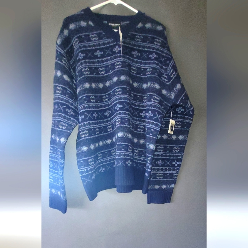 Bowen & Wright Mens Sweater XL 100% Lambswool Blue Geometric V-neck Long Sleeves